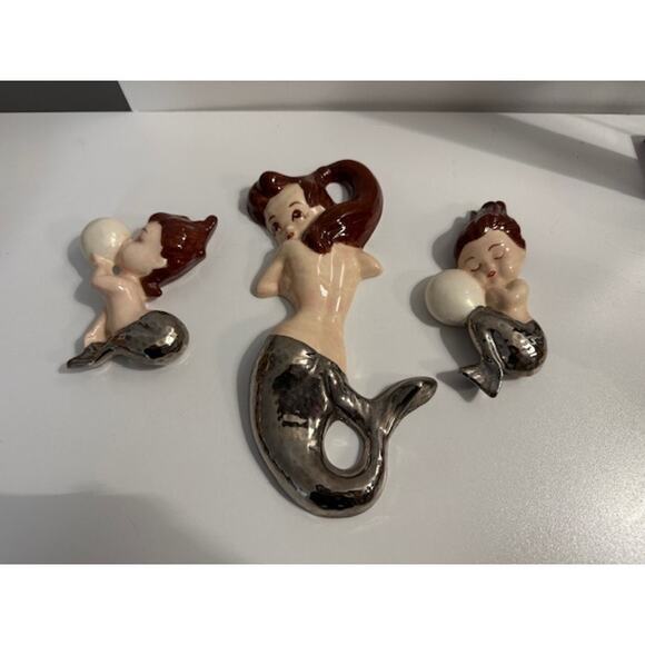 MCM Set of 3 Mermaid Wall Hanging Chalkware Plaster Signed 1970 - Picture 2 of 7